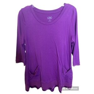 Logo Lori Goldstein Purple Tunic Top Pockets Crewneck 3\4 Sleeves Large Petite